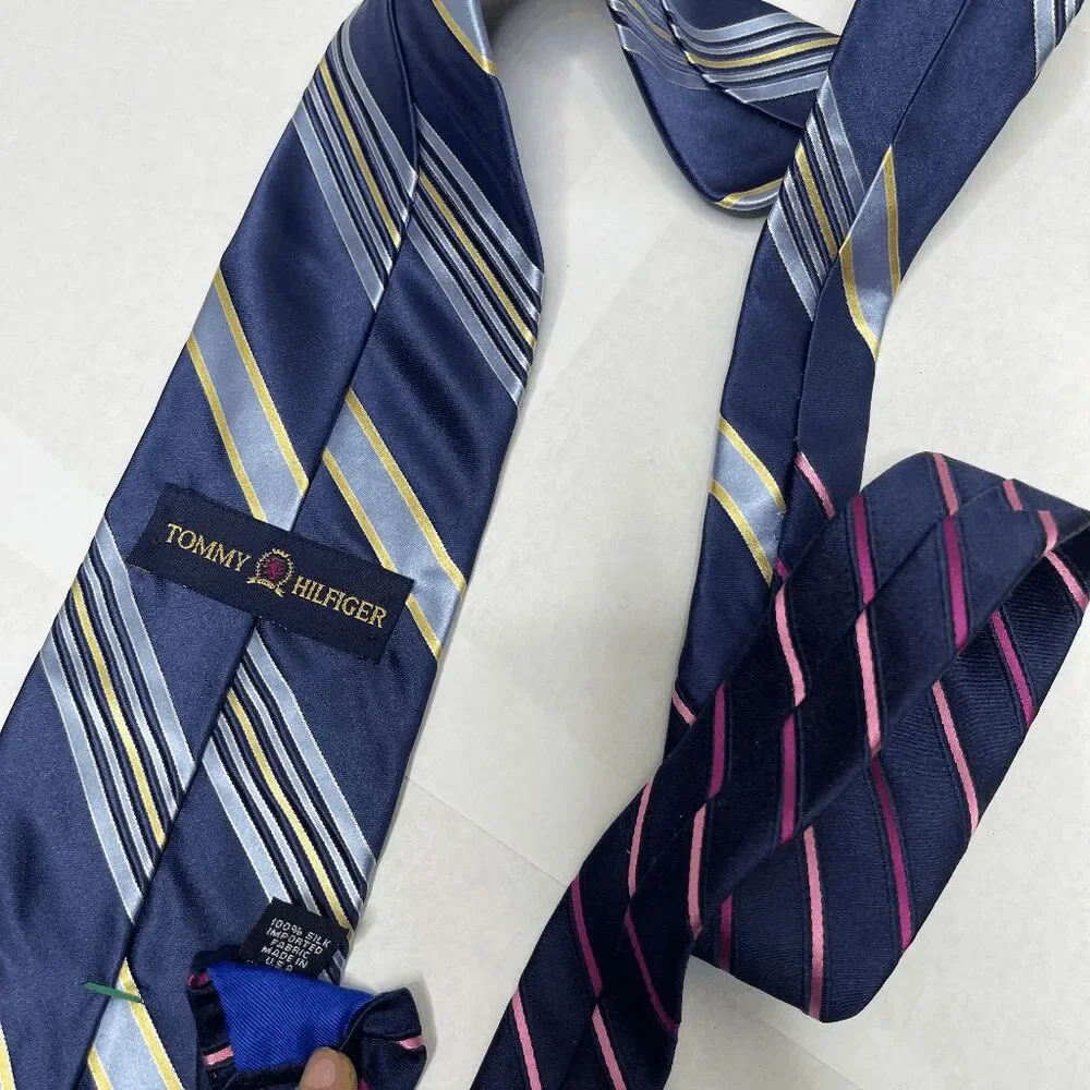 Vintage Tommy Hilfiger‎ 100% Silk Blue Yellow Striped Tie Preppy 90s